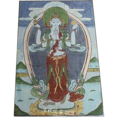36 inch Tibet Silk embroidery gold silk embroidery,Nepal,Stand four arms guanyin Buddha statue Thangka Paintings Mural