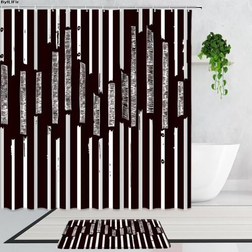 3D Black And White Geometric Stripes Shower Curtains European Retro Art Bathroom Decoration Set Non-Slip Carpet Bath Curtain Mat