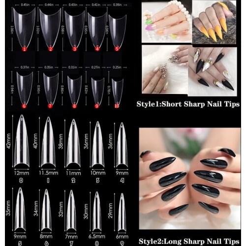 500pcs/Bag Sharp False Nail Art Tips XXL/Short Full Cover Stiletto Tip Gel Manicure Artificial Fake Nails Press On Nail 10 Sizes
