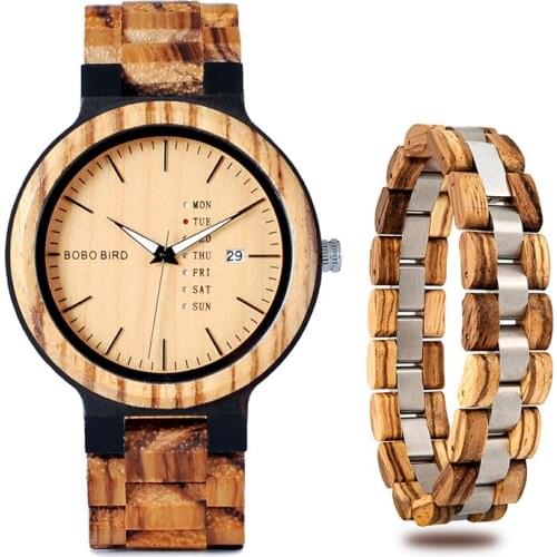 Erkek kol saati BOBO BIRD Wood Men Watch Bracelet Set Week Display Date Quartz Watches in Wooden Box Accept Logo Drop Shipping