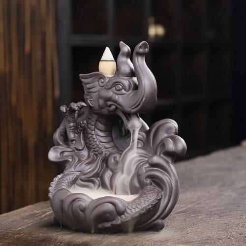 China Purple Clay Craft Gifts Lucky Feng Shui Home Decorations, 3D Relief Elephant & Dragon Backflow Incense Burner +20 Cones