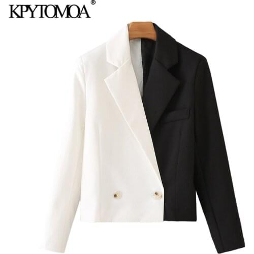 KPYTOMOA Women 2021 Fashion Double Breasted Patchwork Crop Blazer Coat Vintage Long Sleeve Female Outerwear Chic Veste Femme