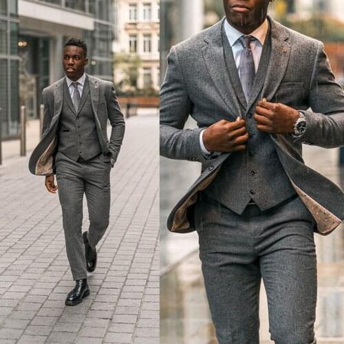 Handsome Gray Wedding Tuxedos Evening Party Prom One Button Mens Suits Slim Fit Best Man Blazer Suit (Jacket+Vest+Pants)