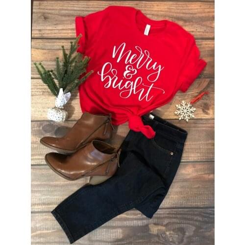 Merry and Bright Christmas Womens Short sleeve S-3XL 100% Cotton Funny Letter print Graphic O neck Tshirt Drop shipping tops