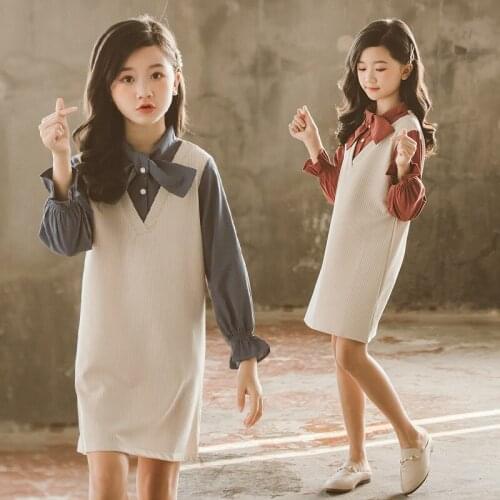 Girl fashion stitching dress Girls spring new fake two-piece dress Girl contrast color stitching long sleeve dress