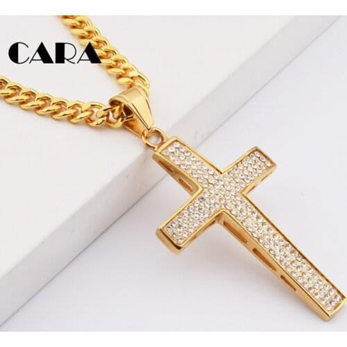 Fashion Trendy 316l Stainless Steel Chain Necklace Full rhistones Cross Pendant Necklace for christian people CAGF0085