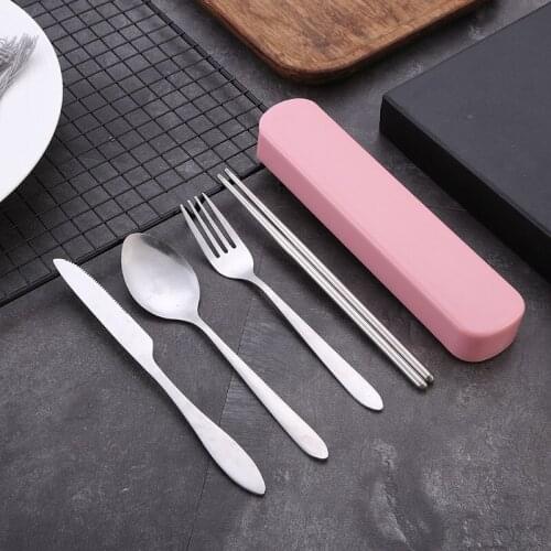4pcs/set Cutlery Stainless Steel Tableware Set Portable Box Dinnerware Knife Fork Spoon Chopsticks Set for Student Worker