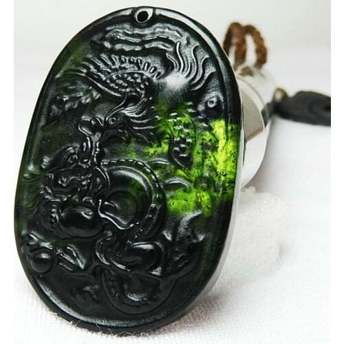 Natural Black Green Jade Dragon Phoenix Pendant Necklace Chinese Carved Charm Jewelry Fashion Amulet for Men Women Lucky Gifts