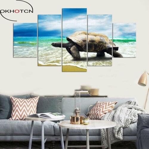 OKHOTCN 5 Panel Modern Sea Scene Turtles on The Beach HD Print Canvas Art Wall Framed Paintings for Living Room Wall Picture
