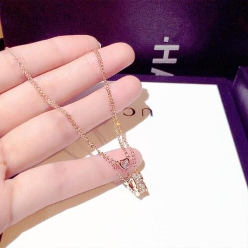 Double Heart Pandora 925 Silver Sweater Pendant Necklaces for Women Zircon Rose Gold Choker Clavicle Chain Trendy Fine Jewelry