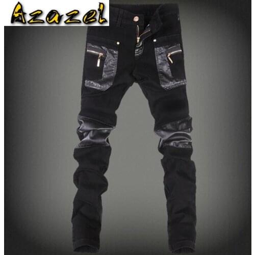 Hot Men personality leather pants Korean skinny Small feet pencil pants male Fashion denim stitching PU Slim motorcycle trousers