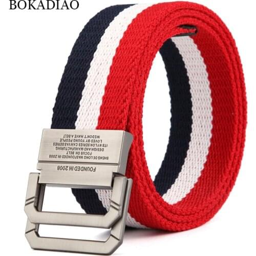 BOKADIAO New Men&Women Canvas belt luxury metal double ring buckle jeans Waist Belts fashion casual stripes waistband male strap