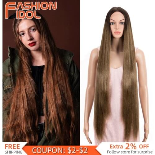 Synthetic Brown Wigs Bob Super Long Straight Black hair Soft Wig Cosplay 38 Inches Daily Use For White Women FASHION IDOL