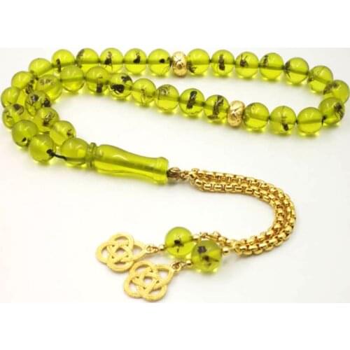 Green Resin tasbih gift Eid al-Adha real Insect Rosary Golden tassel 33 45 66 99 prayer beads pusheen Mans Misbaha Bracelets