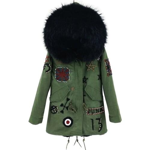 Ladies new beaded jacket winter hooded raccoon fur collar pie overcoming coat star same paragraph fur army green