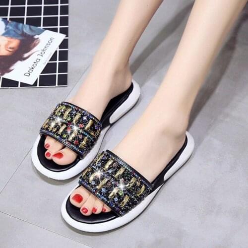 Womens Sandals and Slippers Fashion Thick-soled 2021 Korean Version of The Wild Net Red with Rhinestone Flat Sandals