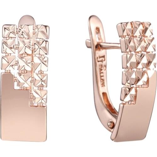 FJ Smooth Square Ladder Pattered Earrings Women 585 Rose Gold Color Jewelry Earrings