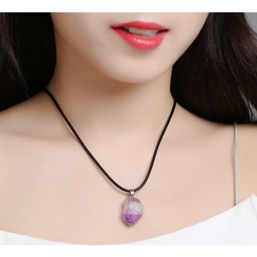 Classic Natural Geometric Pink Crystal Gemstone Pendants Necklaces For Women Leather Rope Chain Choker Necklace Charm Jewelry