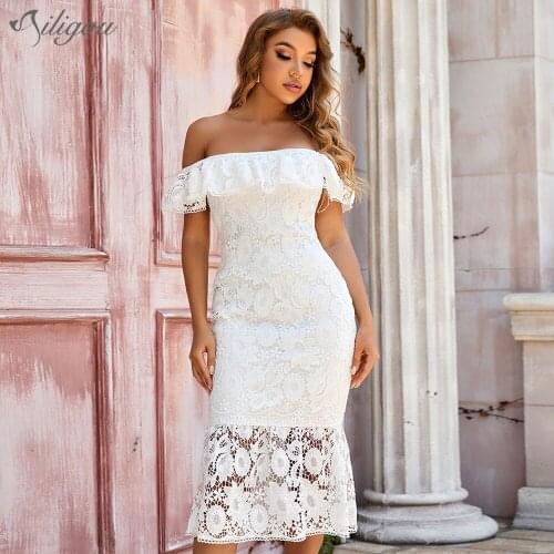 Ailigou 2021 New Summer Off Shoulder Ruffle Bandage Dress Sexy White Lace Midi Womens Club Celebrity Party Bodycon Dress