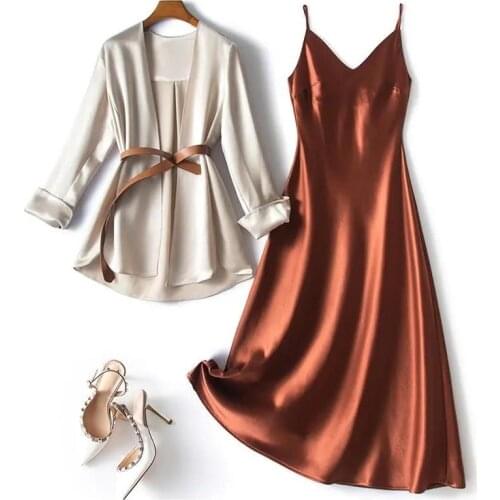 High-end satin suspender skirt two-piece summer 2021 new female fashion temperament royal sister style dress female