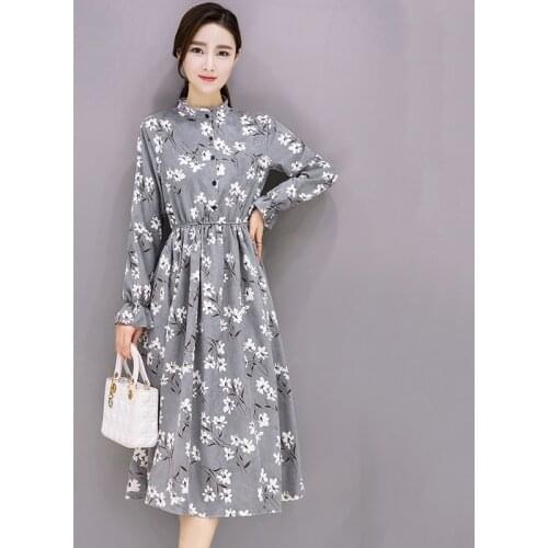 20 Colors Autumn Winter Women Floral Grey Corduroy Midi Dress Boho Casual Party Elegant Long Sleeve Retro Runway Velvet Dresses