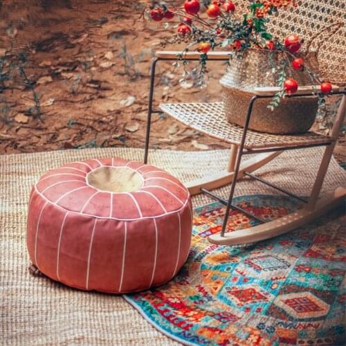 1PCS Moroccan PU Leather Pouf Embroider Craft Ottoman Footstool Round Large 55*55*30cm Artificial Leather Unstuffed Cushion