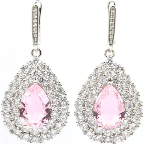 49x20mm Delicate Fine Cut Created Pink Kunzite White CZ Briday Gift Hot Selling Silver Earrings Daily Wear