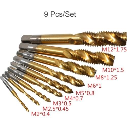 9pcs M2-M12 Titanium Coated High Speed Steel HSS Screw Thread Metric Spiral Taps 425C