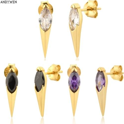 ANDYWEN 925 Sterling Silver Three Zircon Ovals Spike Earring For Women Luxury Long Simple Women Rock Punk Piercing Jewelry
