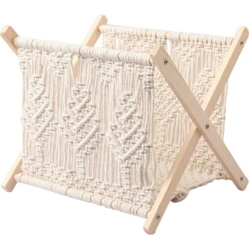 D08D Macrame Magazine Rack Boho Magazine Holder Storage Standing Basket for Books Newspapers Notebook Swaddle Blanket