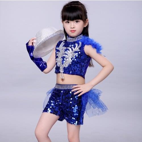 Girl Jazz Sequin Kids Jazz Dance Costumes Hip-hop Performance Clothes Fashion Blue Girl Stage Costume Suit For Children