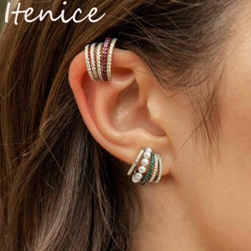 Itenice Wide Multilayer Earcuffs Pearl Rhinestone Ear Cuff Stackable Crystal Ear Clip On Earrings Multi-turn Bohemia Earwrap