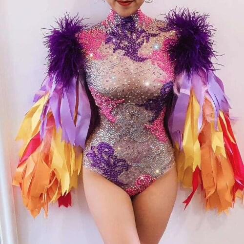 Multi-color Rhinestones Ribbon Fringes Bodysuit Birthday Celebrate Prom Outfit Bar Women Singer Dancer Costume Outfit DN1546