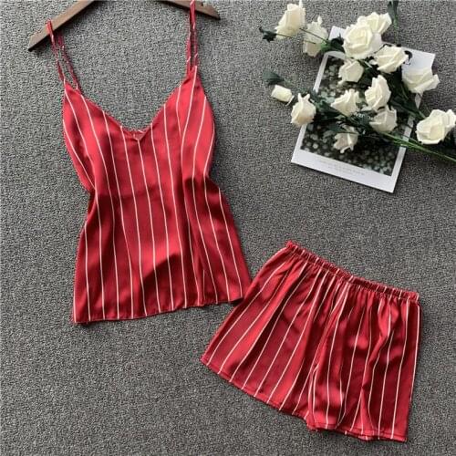 JULYS SONG 2 Piece Women Summer Pajamas Set Stain Silk Top And Shorts Striped Breathable Summer Cute Short Pants Set Home Wear