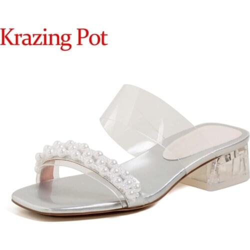 Krazing pot square toe crystal clear heel med heel princess style daily wear energy transparent pearl slippers women sandals L73