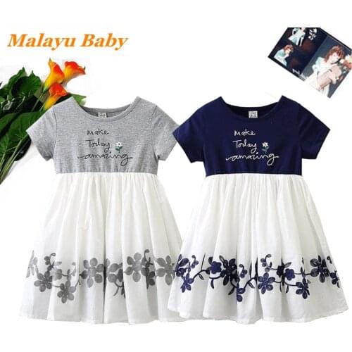Cute Girls Princess Dress 2021 Summer Kids Letter Print Mesh Splicing Flower Embroidery Party Vestidos Child Clothing 1-6 Years