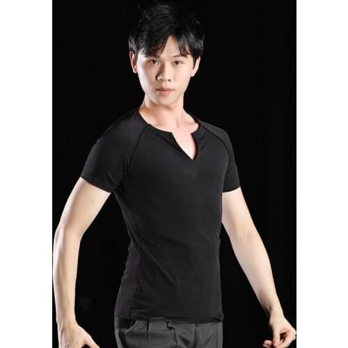 2021 Men Latin Dance Tops Black Short Sleeve V-Neck T-Shirts Ballroom Dance Costumes Practice Clothes Latin Dance Wear DQS1858