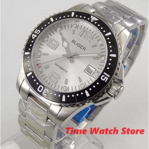 40mm Bliger Miyota 8215 automatic watch men sapphie glass waterproof silver dial black blue ceramic dezel date display