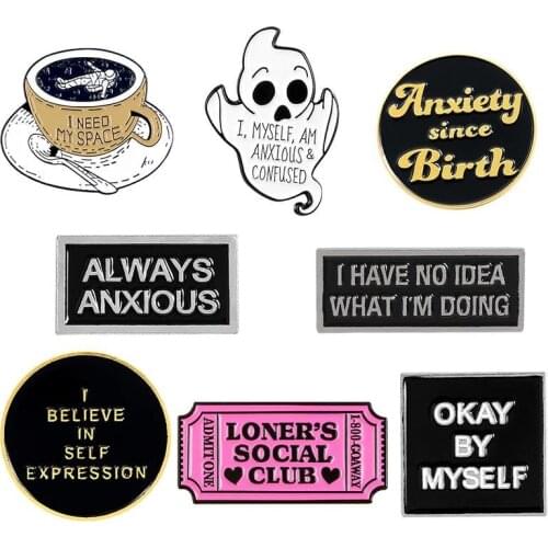 Social Anxiety Soft Enamel Pin Coffee Cup Ghost Movie Ticket Rectangle Round Phrase Brooch Need Space Badge Gift for Friends