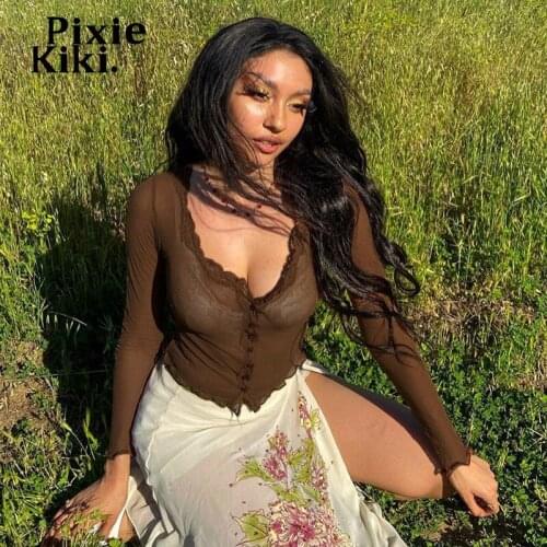 PixieKiki Y2k Clothes Lace Mesh Brown Sheer Crop Tops Women 2021 Fairy Grunge Vintage Button Up Long Sleeve T Shirt P77-BF10