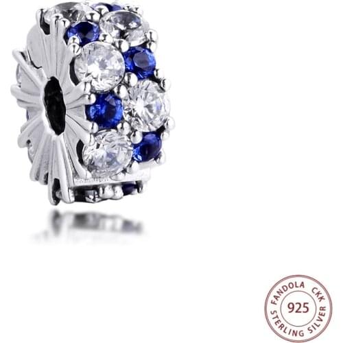 Fits Pandora Bracelet 925 Sterling Silver Clear & Blue Sparkling Clip Stopper Charm Beads for Women DIY Jewelry Gift 2020 Winter