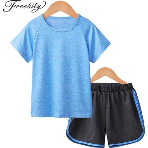 2Pcs Yoga Set Kids Unisex Tracksuit Summer Suit Running Outfits Workout Sport Sets Sportswear Short Sleeve T-Shirt Shorts Outfit