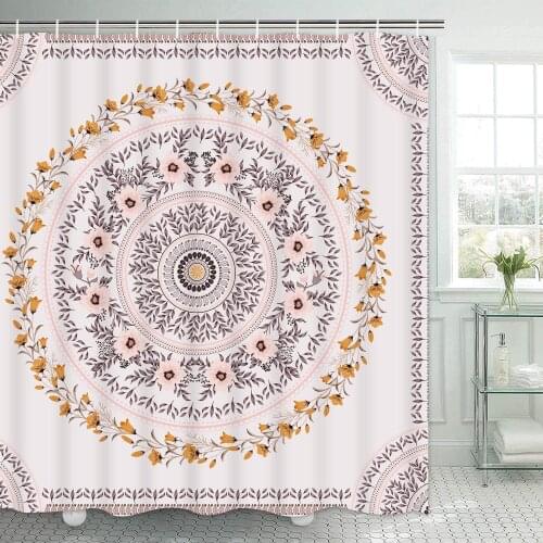 Waterproof Hippie Bohemian Bathroom Shower Curtain Mandala Floral Medallion Flower with Pink Brown Aesthetic Wreath Bath Decor