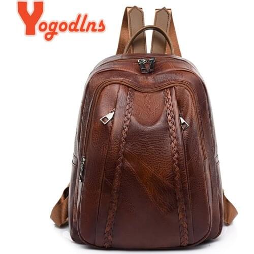 Yogodlns Vintage Splicing Backpack For Women Soft Leather Rucksack Large Capacity Travel Bag Lady Daypack Teenager School Bag
