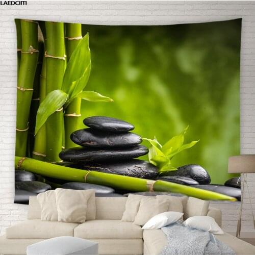Zen Tapestry Green Bamboo Plant Flower Stone Scenery Background Wall Hanging Cloth India Spa Hotel Bedroom Home Decor Tablecloth