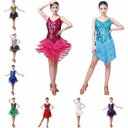 Fashion Personality Drop V-neck Sling Sequined Skirt Fringed Skirt Latin Dance Performance Clothing