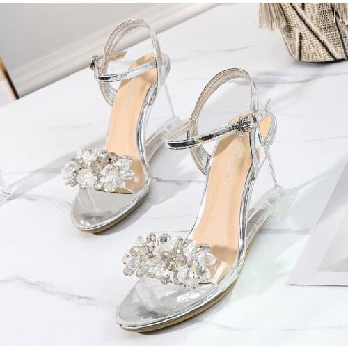 New Arrive Womens Sandals Crystal Clear Heel Sandals 8cm Wedges Buckle Sandals High Heels Sandals Women Shoes Size 34-43