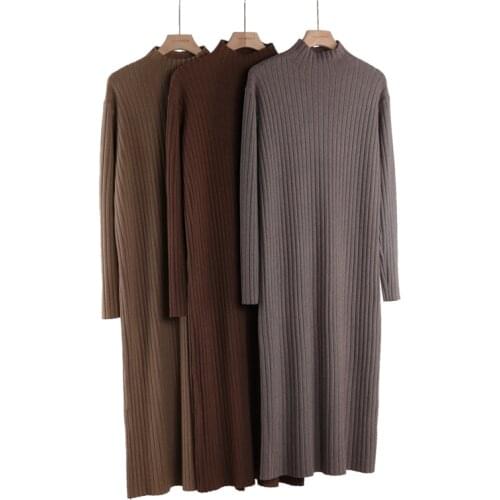 New Turtleneck Cowlneck Women Long Knit Straight Dress Autumn Winter Thick Warm Midi Dress Ribbed Knitted Ladies Dresses S M