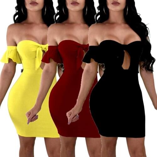 2020 Women Sexy Ruffled Hem Strapless Hollow out Chest Bandage Bodycon Mini Dress