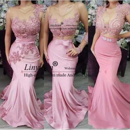 Sexy Pink Sheer Neck Illusion Mermaid Prom Dresses Lace Beaded Sashes Sheer Back With Zipper Long Train Plus Size Evening Dress